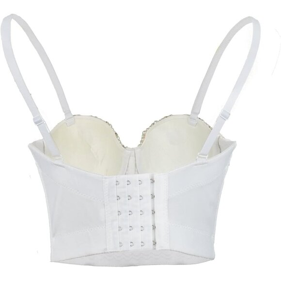 Women White Pearls Beaded Rhinestone Bustier Crop Top Push Up Corset - Picture 2 of 7